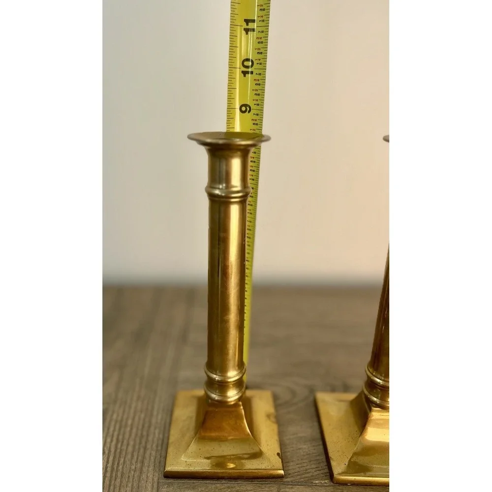 Solid Brass Candlestick Holders Pair Square Base 8.5 In